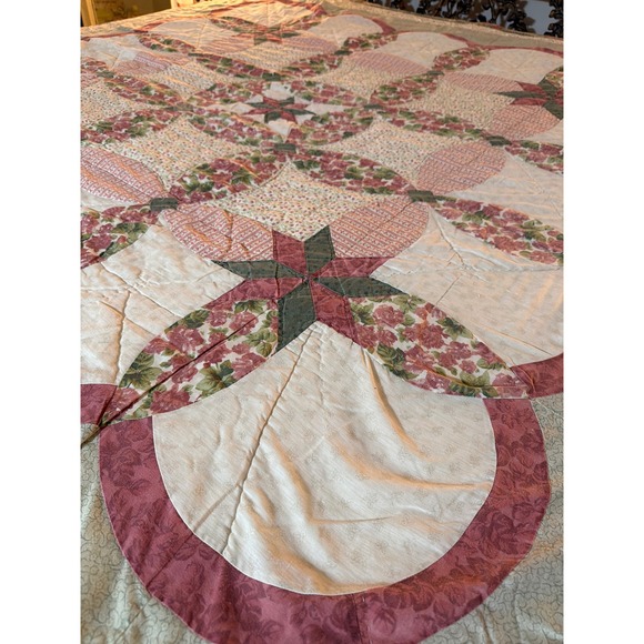Vintage Floral Wedding Ring Star Patchwork Quilt Pink Green Cottagecore queen - Picture 4 of 11